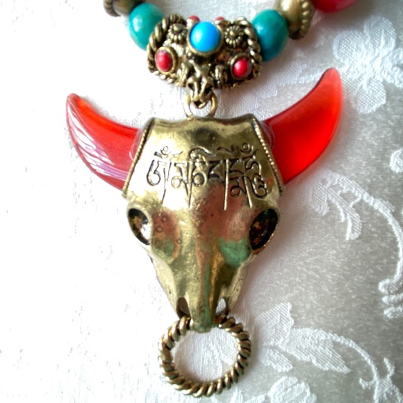 Tibetan Necklace Yak Head, Red Horns, Red and Turquoise Color Beads, Wood Beads - Picture 6 of 9